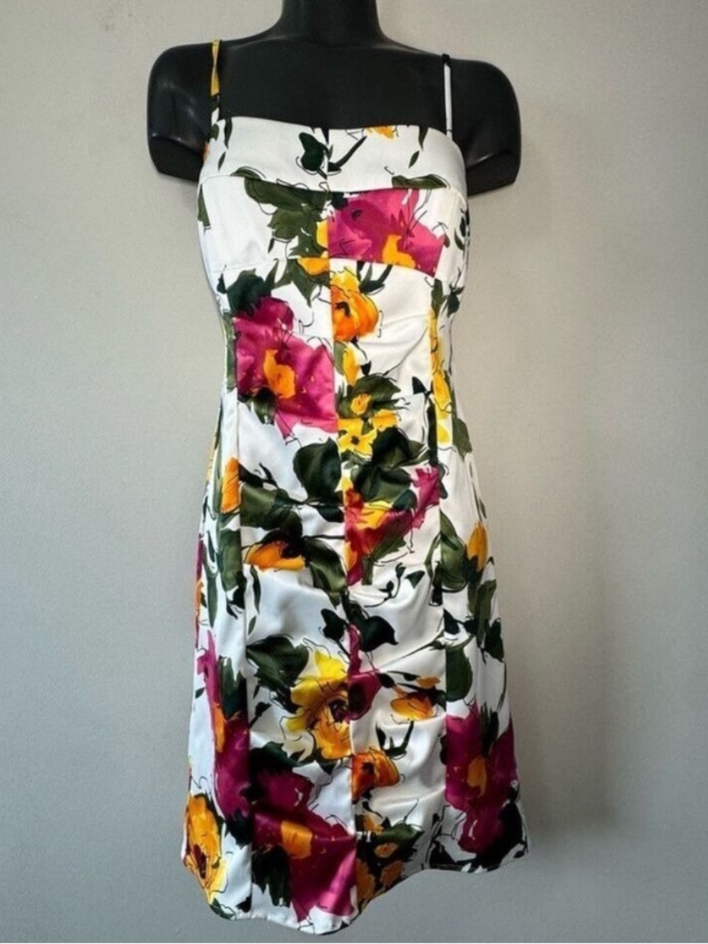 NW Collection Floral Satin Midi Dress Y2K Magenta Yellow Spaghetti Strap size S